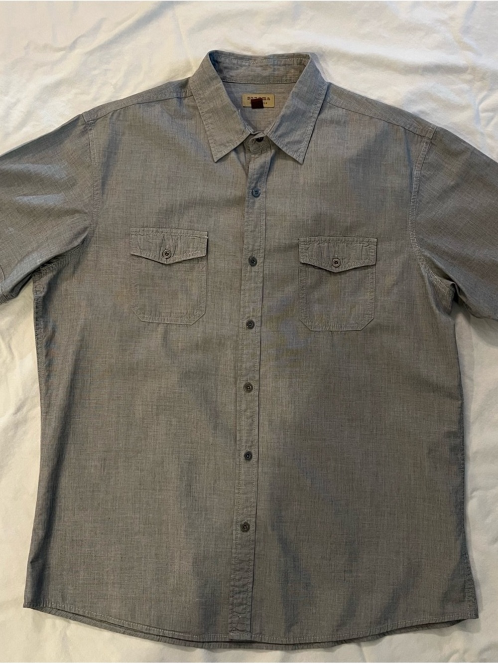 Mens Large Sonoma Gray Cotton Short Sleeve Button Down Collared Shirt w Pockets